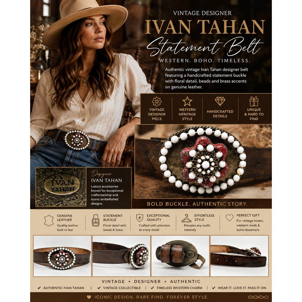 Ivan Tahan Vintage Western Leather Belt Floral Beaded Buckle Boho S/M